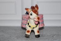 Image 1 of Vintage Donkey Salt and Pepper Shaker Set 1960s Ceramic Mule Pink Saddle Farm Decor