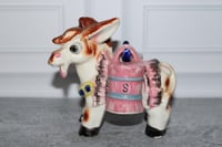 Image 2 of Vintage Donkey Salt and Pepper Shaker Set 1960s Ceramic Mule Pink Saddle Farm Decor