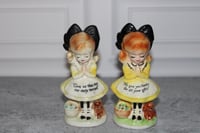 Image 2 of Vintage Enesco Salt &amp; Pepper Shakers Set 2 Prayer Girls yellow black bow 1960's