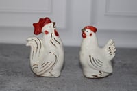 Image 2 of White With Gold Trim Rooster &amp; Hen Ceramic Salt And Pepper Shakers Vintage MCM