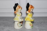 Image 3 of Vintage Enesco Salt &amp; Pepper Shakers Set 2 Prayer Girls yellow black bow 1960's