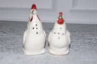 Image 3 of White With Gold Trim Rooster &amp; Hen Ceramic Salt And Pepper Shakers Vintage MCM