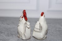 Image 4 of White With Gold Trim Rooster &amp; Hen Ceramic Salt And Pepper Shakers Vintage MCM