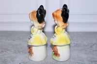 Image 5 of Vintage Enesco Salt &amp; Pepper Shakers Set 2 Prayer Girls yellow black bow 1960's