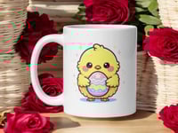 Image 1 of Kawaii Chick Holding Easter Egg Mug – Spring Coffee Cup