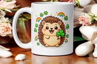 Image 1 of Kawaii Hedgehog St. Patrick's Day Mug: Rainbow Shamrock Coffee Cup