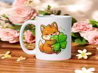 Image 1 of Kawaii Fox Shamrock Mug: St. Patrick's Day Coffee Cup, Woodland Charm