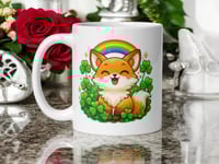 Image 1 of Kawaii Fox Rainbow Mug, St. Patrick's Day Shamrock Coffee Cup