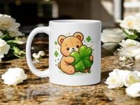 Image 1 of Kawaii Bear Four Leaf Clover Mug: St. Patrick's Day Coffee Cup