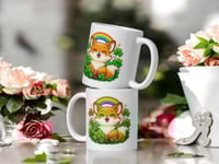 Image 2 of Kawaii Fox Rainbow Mug, St. Patrick's Day Shamrock Coffee Cup
