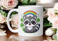 Image 1 of Kawaii Raccoon St. Patrick's Day Mug – Rainbow Clover Coffee Cup