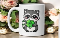 Image 1 of Four Leaf Clover Raccoon Mug Lucky St Patricks Cup