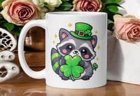 Image 1 of Kawaii Raccoon Shamrock Mug: St. Patrick's Day Coffee Cup