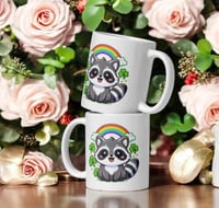 Image 2 of Kawaii Raccoon St. Patrick's Day Mug – Rainbow Clover Coffee Cup