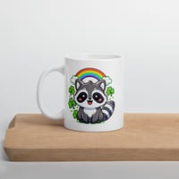 Image 3 of Kawaii Raccoon St. Patrick's Day Mug – Rainbow Clover Coffee Cup