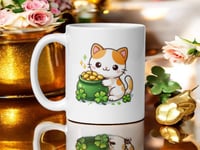 Image 1 of Kawaii Cat Pot of Gold Mug, St. Patrick's Day Ceramic Coffee Cup