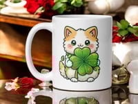 Image 1 of Kawaii Shamrock Cat Mug: St. Patrick's Day Coffee Cup for Cat Lovers