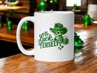 Image 1 of Go Luck Yerself Mug Funny St Patricks Day Skull Irish Coffee Cup 11 oz