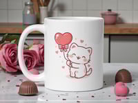 Image 1 of Kawaii Cat Mug, Heart Balloon - Valentine's Day Gift
