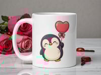 Image 1 of Kawaii Penguin Mug, Heart Balloon - Valentine's Day Gift