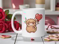 Image 1 of Kawaii Highland Cow Valentine Mug, Heart Balloon Coffee Cup