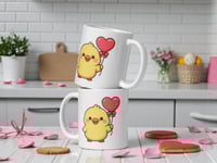 Image 2 of Kawaii Duck Valentine Mug, Heart Balloon Coffee Cup