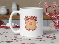 Image 1 of Kawaii Capybara Mug, Valentine Flower Crown Coffee Cup