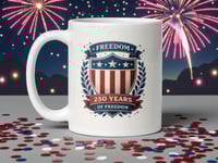 Image 1 of USA 250th Anniversary Mug | Americana Crest Patriotic Coffee Cup | White Ceramic Mug