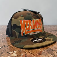 Image 1 of Merauder Camo / Orange Logo Decky Trucker Hat 