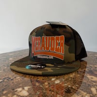 Image 2 of Merauder Camo / Orange Logo Decky Trucker Hat 