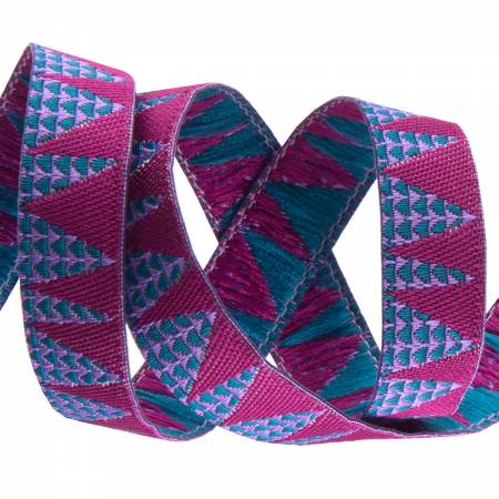 Image of Magenta Stems on Blue 3/8" Wide Ribbon  1 Yard Cuts