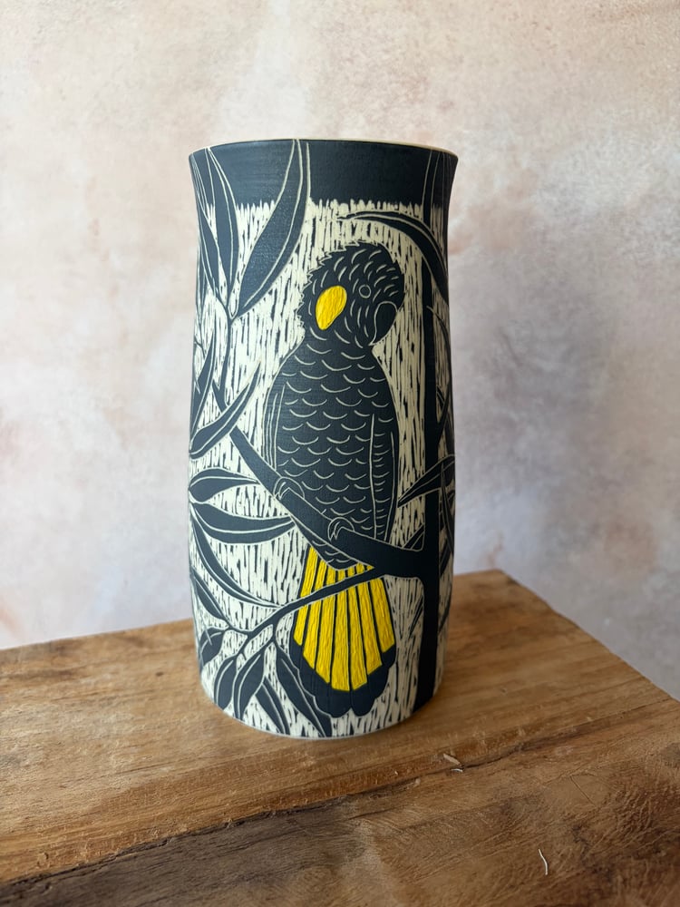 Image of Carved Bird Vase - Yellow-tailed Black Cockatooo