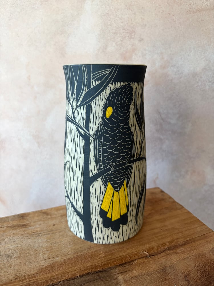 Image of Carved Bird Vase - Yellow-tailed Black Cockatooo