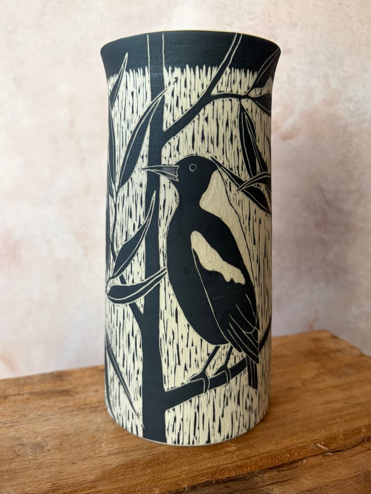 Image of Carved Bird Vase - Magpie 