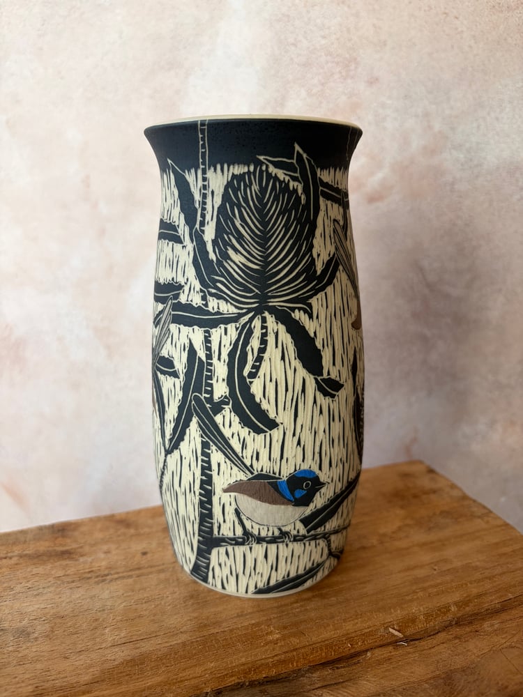 Image of Carved Bird Vase - Superb Fairywren