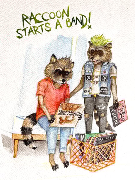 Image of 'Raccoon starts a band' cover art illustration