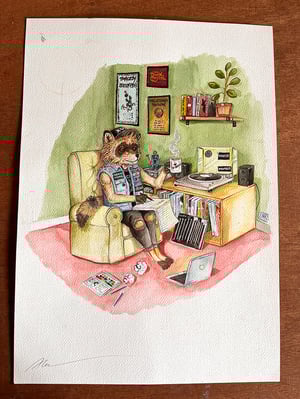 Image of "At home with Raccoon" original watercolour illustration 