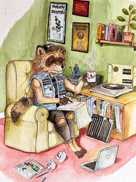 Image of "At home with Raccoon" original watercolour illustration 
