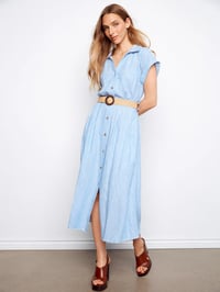 Striped Linen Blend Maxi Dress With Belt - Bluebell