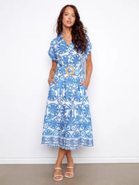 Printed Eyelet Cotton Dress With Belt - Astral