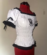 Image 2 of logo print white pvc shirring blouse