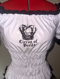 Image 4 of logo print white pvc shirring blouse
