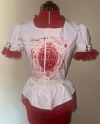 Image 6 of rustic heart print pvc princess sleeve blouse (white x red)