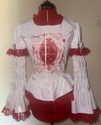 Image 5 of rustic heart print pvc princess sleeve blouse (white x red)