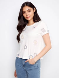 Embroidered Flowers Cotton Jersey T-Shirt - Daisies