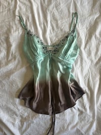 Image 1 of 2000s y2k rare blue ombre fairy silk cami with asymmetrical hem and beaded details