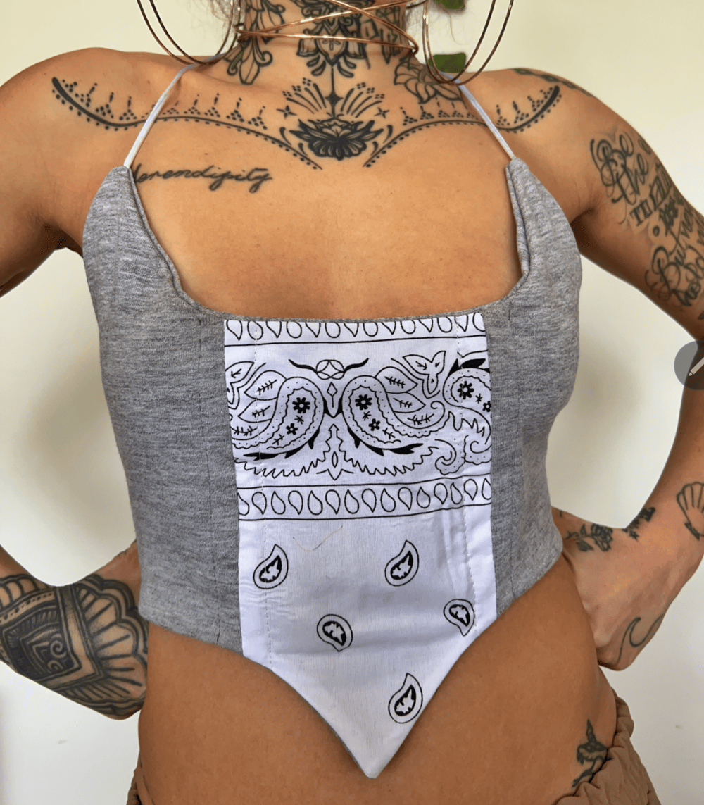 Image of patchwork bandana halter neck crop top