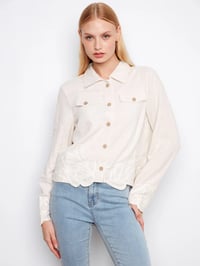 Embroidered Hem Linen Blend Jacket - Natural