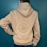 Image 3 of Embroidered Full Zip Hoodie | Stay Human, No One Is Illegal | Rose Pink, Size Large