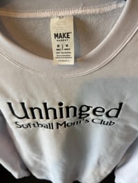 Image 4 of Unhinged Softball Mom’s Club Embroidered Crewneck Sweatshirt | Funny Softball Mom Pullover | White
